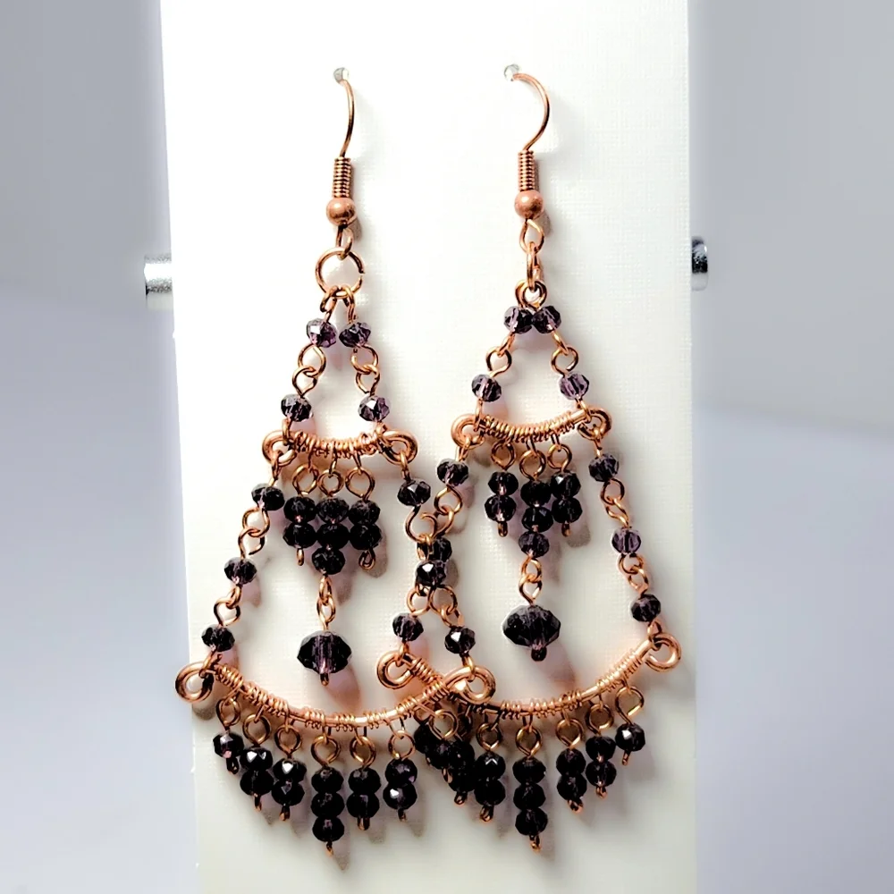 Handcrafted Copper & Amethyst Crystal Chandelier Earrings - Picture 5 of 6